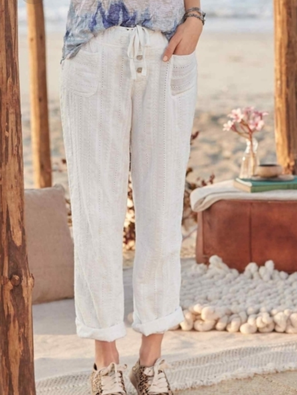 Sundance Gigi Eyelet Cotton Pants Small Wide Leg Bohemian
